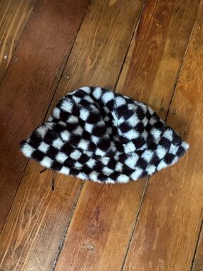 Black and White Faux Fur Checker Bucket Hat